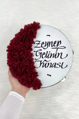 Bordo Gelin Tefi 30 Cm, Kaligrafi Ve Lazer Çiçek Süslemeli, Düğün Sünnet Kına Nedime Nikah Nişan Söz Bride Parti Bekarlığa Veda Partisi Gelin Damat