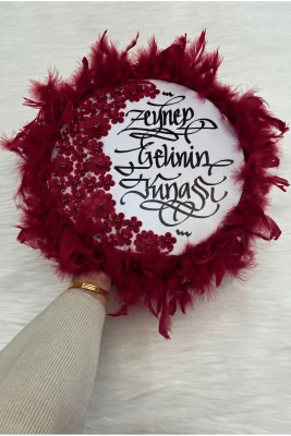 Bordo Gelin Tefi 32cm, Çiçekli Parlak Taşlı Ve Tüylü, Düğün Kına Sünnet Nedime Bride Parti Defi