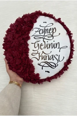 Bordo Gelin Tefi 32cm, Kaligrafi Ve 3d Çiçek Süslemeli, Düğün Sünnet Kına Nedime Bride Parti Defi
