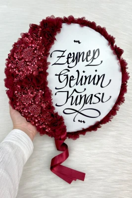 Bordo Gelin Tefi 32cm, Kaligrafi Ve Vip Aplik Süslemeli, Düğün Sünnet Kına Nedime Nikah Söz Bride Parti Tefi