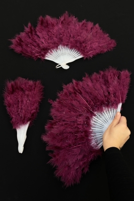 Bordo Gelin Tüylü Yelpazesi, Plastik Kına Nedime Bride Bekarlığa Veda Sünnet Yelpaze 25*40cm