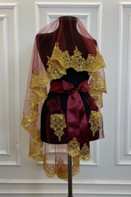 Bordo Gold Işıl Işıl Güpürlü Gelin Kına Duvağı Seti Düğün Kına Gecesi Yüz Örtüsü Alı