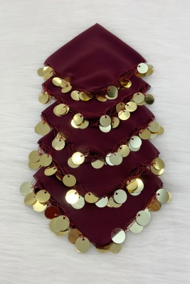 Bordo Gold Şifon Halay Mendili 5 Adet, Gelin Damat Düğün Kına Sünnet Nişan Bride