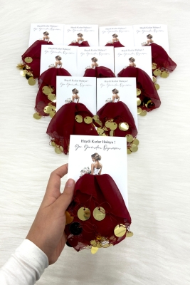 Bordo Gold Şifon Kartlı Hediyelik Halay Mendili 5 Adet, Gelin Damat Düğün Kına Sünnet Nişan Bride