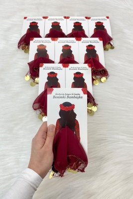 Bordo Gold Şifon Kartlı Hediyelik Halay Mendili 5 Adet, Gelin Damat Düğün Kına Sünnet Nişan Bride