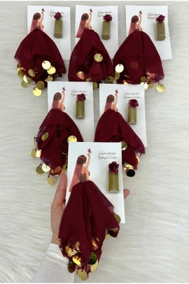 Bordo Gold Şifon Kartlı Tüp Kınalı Hediyelik Halay Mendili, 1 Adet, Gelin Düğün Kına Nişan Bride