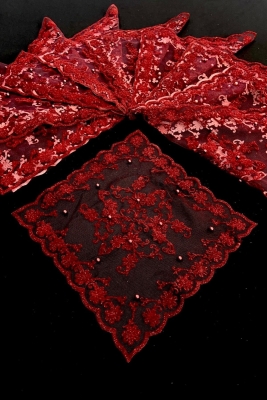 Bordo Halay Mendili, Gelin Mendili, Simli Incili Hediyelik Mendil 5 Adet