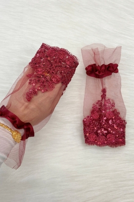 Bordo Işıl Işıl Güpürlü Gelin Eldiveni Kına Eldiveni Düğün Kına Gecesi Bekarlığa Veda Nikah Bride