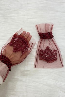 Bordo Işıl Işıl Güpürlü Gelin Eldiveni Kına Eldiveni Düğün Kına Gecesi Bekarlığa Veda Nikah Bride