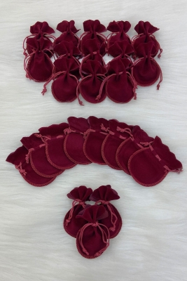 Bordo Kadife Minik Kese, 10 Adet Ölçü 7x9cm, Kına Altın Takı Lavanta Dekoratif Hediye Küçük Kese