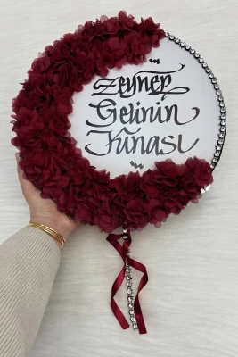 Bordo Kaligrafi Gelin Tefi 32cm, Parlak Taş Ve 3d Çiçek Süslemeli, Düğün Kına Sünnet Nedime Bride Parti Defi