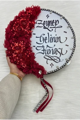 Bordo Kaligrafi Gelin Tefi 32cm, Vip Güpürlü, Parlak Taş Ve 3d Çiçek Düğün Kına Sünnet Nedime Bride Parti Defi