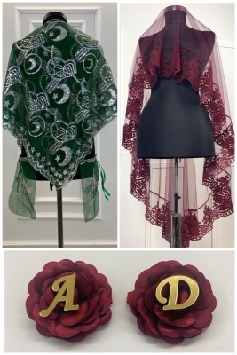 Bordo Kına Duvağı. Gelin Duvak Seti, El Gülü, Damat Omuz Örtüsü, 9 Parça Set