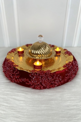 Bordo Kına Gecesi Gelin Tepsisi, Lüks İthal Kadife Cam Boncuk , Nişan Nikah Düğün Sünnet Söz