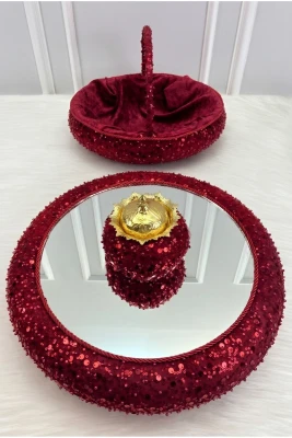 Bordo Kına Gecesi Tepsi Sepet Gelin Takımı, Işıltılı Pul Payet Aynalı Kadife, Nişan Nikah Düğün Söz Sünnet