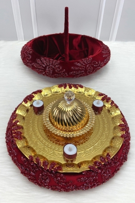 Bordo Kına Gecesi Tepsi Sepet Gelin Takımı, Lüks İthal Kadife Cam Boncuk, Nişan Nikah Düğün Sünnet