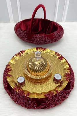 Bordo Kına Gecesi Tepsi Sepet Gelin Takımı, Lüks İthal Kadife Cam Boncuk, Nişan Nikah Düğün Sünnet