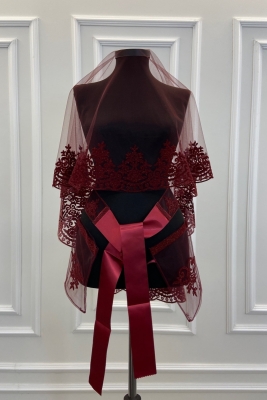 Bordo Klasik Desen Flok Baskı Simli Gelin Duvak Kuşak Eldiven Set