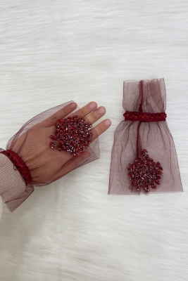 Bordo Kristal Cam Boncuk Gelin Eldiveni, Düğün Kına Gecesi Bekarlığa Veda Nikah Bride Söz