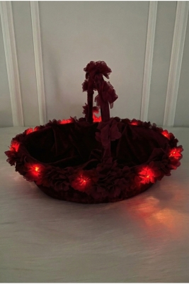 Bordo Led Işıklı Gelin Kına Gecesi Sepeti, Düğün, Sünnet, Nikah, Söz, Nişan, Üç Boyutlu Çiçekli