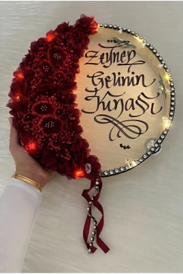 Bordo Ledli Gelin Tefi 32cm, Aplik Çiçek Ve Parlak Taş Süslemeli Def, Düğün Kına Gecesi Nedime Bride Sünnet