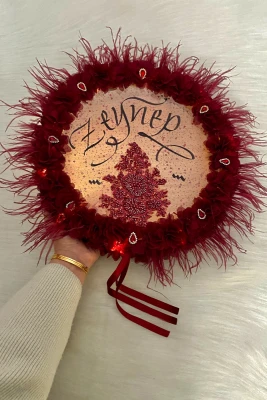 Bordo Ledli Gelin Tefi 32cm, Lüx Aplik Çiçek Pul Payet Taşlı Tüylü, Düğün Kına Nedime Sünnet Bride
