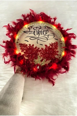 Bordo Ledli Gelin Tefi 32cm, Lüx Aplik Çiçekli Tüylü Ve Parlak Taş Süslemeli, Düğün Kına Nedime Bride Sünnet