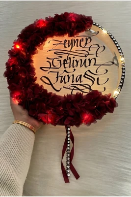 Bordo Ledli Gelin Tefi 32cm, Üç Boyutlu Çiçek Ve Parlak Taş Süslemeli, Düğün Kına Nedime Bride Sünnet