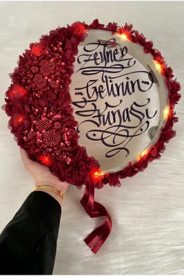 Bordo Vip Aplikli ve 3D Lazer Çiçek Süslemeli Ledli Şeffaf Gelin Tefi 32cm, Düğün Kına Gecesi Nedime Bride Parti Sünnet Def
