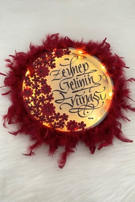 Bordo Ledli Şeffaf Gelin Tefi 32cm, 3 Boyut Çiçek Parlak Taş Tüy, Düğün Kına Nedime Bride Parti Defi