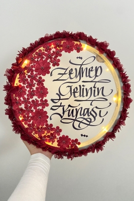 Bordo Ledli Şeffaf Gelin Tefi 32cm 3d Çiçek Parlak Taş İncili Düğün Kına Nedime Bride Parti Defi