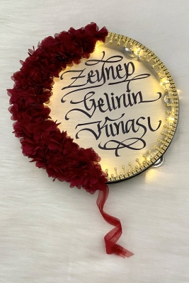 Bordo Ledli Şeffaf Gelin Tefi 32cm 3d Çiçek Parlak Taşlı Düğün Kına Nedime Bride Parti Defi