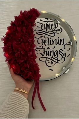 Bordo Ledli Şeffaf Gelin Tefi 32cm, 3d Çiçek Süslemeli, Düğün Sünnet Kına Nedime Bride Parti Defi