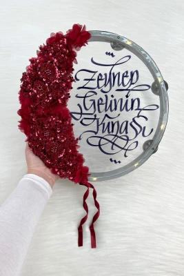 Bordo Ledli Şeffaf Gelin Tefi 32cm, Işıl Işıl Vip Güpürlü Ve 3d Çiçek Süslemeli, Düğün Sünnet Kına Nedime Bride Parti Defi