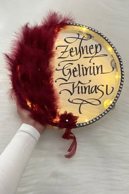 Bordo Ledli Şeffaf Gelin Tefi 32cm Tüylü 3d Çiçek Saten Kurdele Düğün Kına Nedime Bride Parti Defi