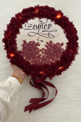 Bordo Ledli Şeffaf Kaligrafi Gelin Tefi 32cm Vip Güpürlü Ve 3d Çiçek Düğün Kına Nedime Bride Parti