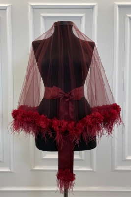 Bordo Lüks Gelin Duvak Seti, Tüy Ve Üç Boyutlu Lazer Çiçekli, Kına Duvağı Seti