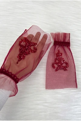 Bordo Lüks Kristal Cam Boncuk Gelin Eldiveni, Kına Gecesi Düğün Bekarlığa Veda Nikah Bride Söz
