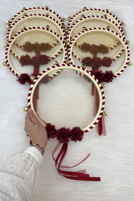 Bordo Nedime Gelin Tefi, Çiçekli Düğün Kına Gecesi Sünnet Bekarlığa Veda Bride Defi Zilli 1 Adet