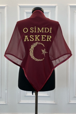 Bordo O Şimdi Asker Şalı Örtüsü, Lüks Şifon Nakışlı Kına Omuz Örtüsü Duvağı
