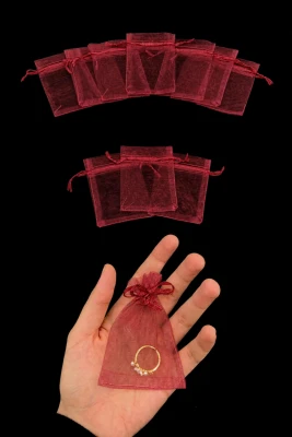 Bordo Organze Şeffaf Tül Kese 100 Adet Ölçü 7X9cm, Büzgülü Altın Takı Özel Gün Lavanta Hediye Sabun Mum Bohça Hobi Çerez Kuruyemiş Kesesi Kına Gecesi 
