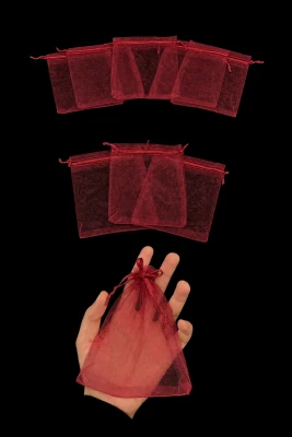 Bordo Organze Şeffaf Tül Kese 50 Adet Ölçü 12X14cm, Büzgülü Altın Takı Özel Gün Lavanta Hediye Sabun Mum Bohça Hobi Çerez Kuruyemiş Kesesi Kına Gecesi
