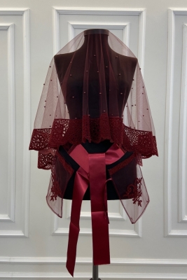 Bordo Oya Desen Incili Flok Baskı Simli Gelin Duvak Kuşak Eldiven Set