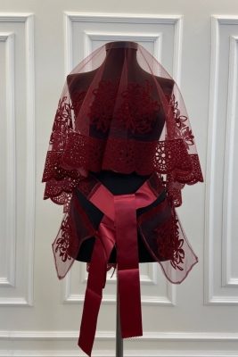 Bordo Oya Ve Çiçek Desen Flok Baskı Simli Gelin Duvak Kuşak Eldiven Set