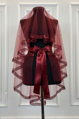 Bordo Pul Payet ve İncili Gelin Duvak Seti, Kına Gecesi Duvağı Alı Örtüsü 6 Parça