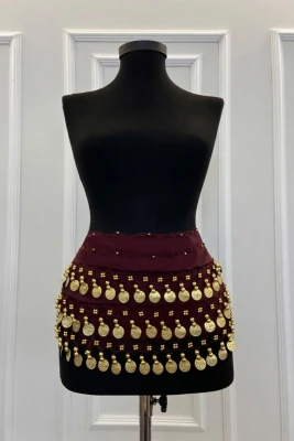 Bordo Şakira Oryantal Dansöz Dans Kemeri, Pullu Boncuklu Zilli Kına Oyun Eğlence Düğün Shakira Bel Sahne Gösteri Aksesuarı