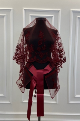 Bordo Sarmaşık Desen Flok Baskı Simli Gelin Duvak Kuşak Eldiven Set