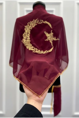 Kare Bordo Şifon Damat Omuz Örtüsü, Gold Ayyıldız Nakışlı Sim Kenar, Sağdıç Nedime Kına Asker Duvağı