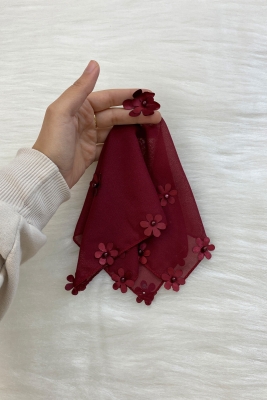Bordo Şifon Halay Mendili Çiçek Ve İnci Süslemeli 5 Adet, Gelin Damat Düğün Kına Sünnet Nişan Bride