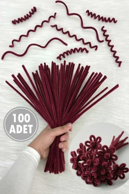Bordo Şönil 30cm, 100 Adet Tüylü Kadife Tel Peluş, El İşi, Çiçek, Hediye, Süsleme, Okul, Etkinlik